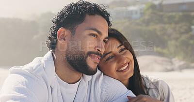 Buy stock photo Love, smile and date with couple on beach for travel, summer and vacation together. Peace, man and woman with support for holiday, bonding and romance for weekend break and relax for honeymoon trip