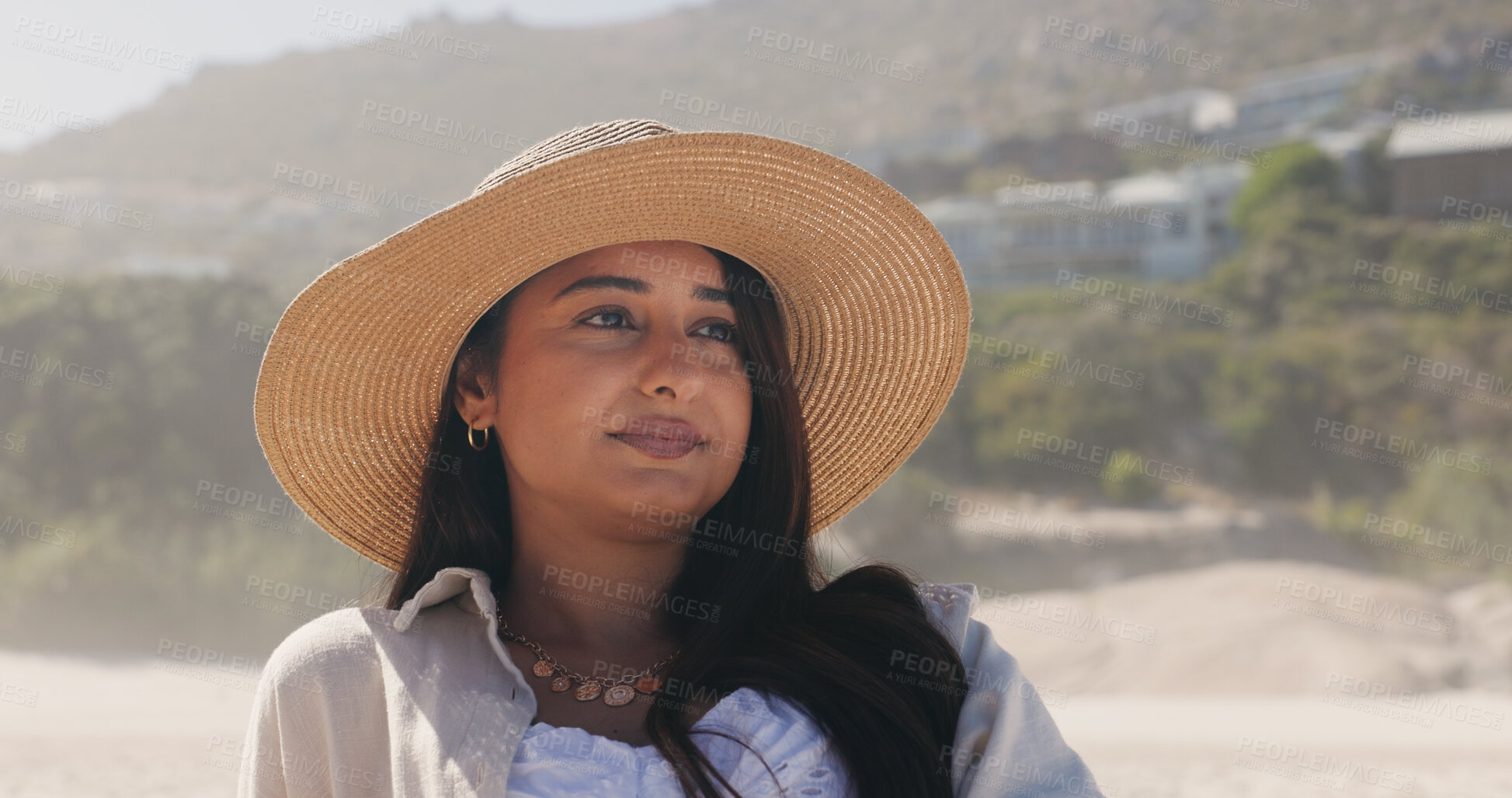 Buy stock photo Thinking, calm or Indian woman at beach with hat, memory or mindfulness on summer break. Reflection, nostalgia or person with fedora, tourist mindset or peaceful perspective on outdoor getaway.