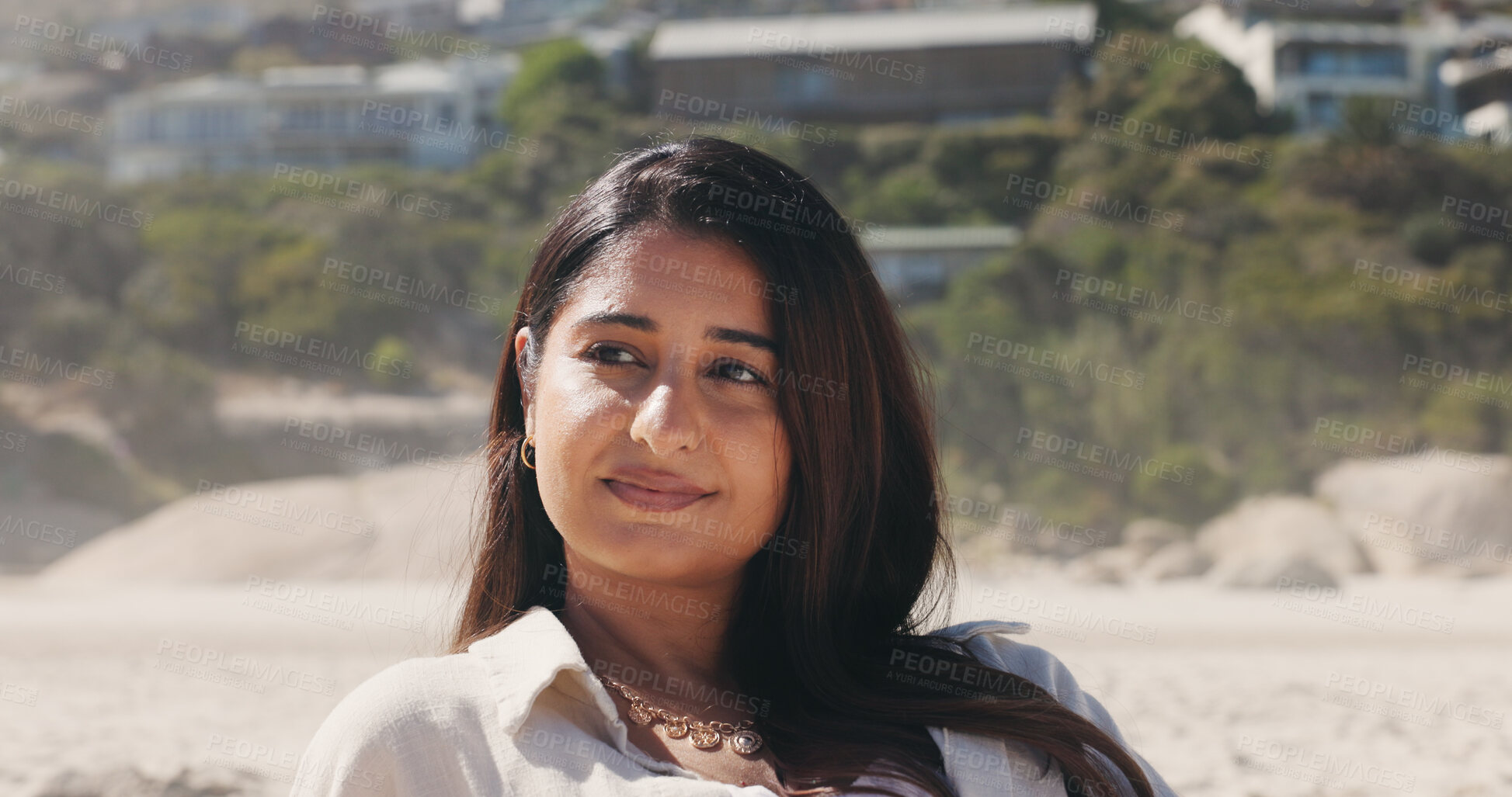 Buy stock photo Thinking, calm or Indian woman at beach with smile, memory or mindfulness on summer break. Happy, nostalgia or person with reflection, tourist mindset or peaceful perspective on outdoor getaway.