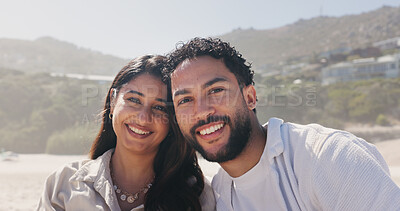 Buy stock photo Travel, portrait or couple at beach with smile, commitment or bonding together on summer holiday. Happy, man or woman with love, romantic connection or healthy relationship on outdoor vacation.