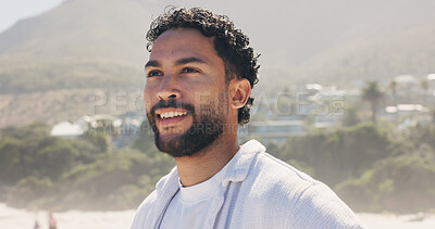 Buy stock photo Thinking, calm or man at beach with smile, memory or mindfulness on summer holiday. Happy, nostalgia or male person outdoor with reflection, tourist mindset or peaceful perspective on getaway break.