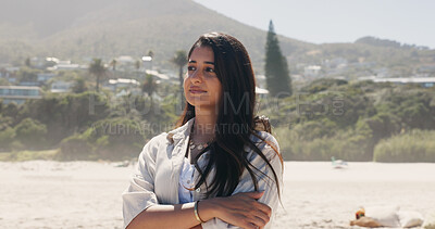 Buy stock photo Thinking, travel or Indian woman outdoor with arms crossed, memory or mindfulness on summer break. Insight, nostalgia or person with reflection, tourist mindset or peaceful perspective on getaway.