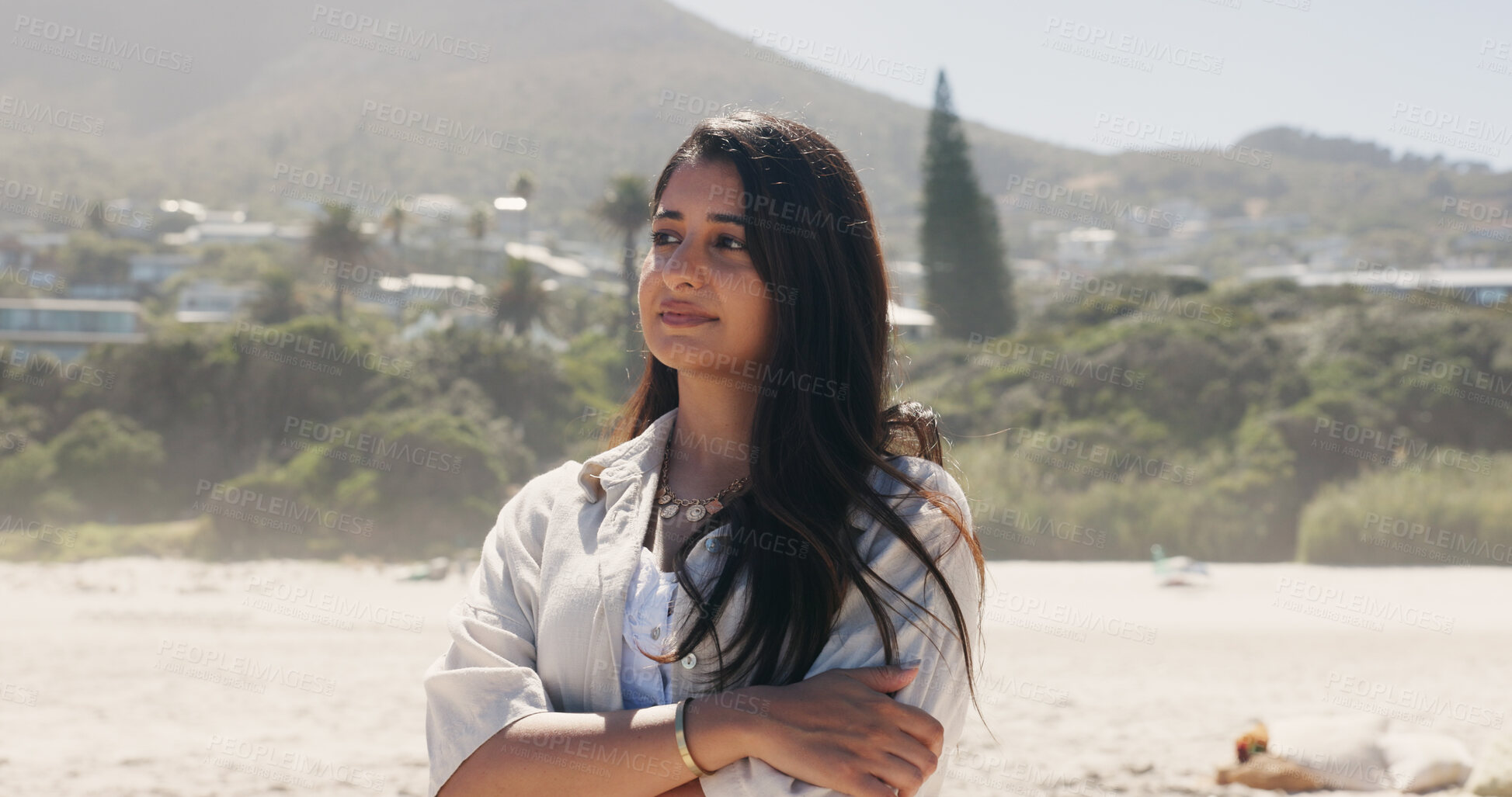 Buy stock photo Thinking, travel or Indian woman outdoor with arms crossed, memory or mindfulness on summer break. Insight, nostalgia or person with reflection, tourist mindset or peaceful perspective on getaway.