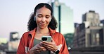 Woman, fitness and phone with earphones in town for break, streaming service or smile for audio. Gen z girl, runner and listen to music on app, happy and rest with smartphone for exercise in city