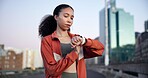 Woman, fitness and smart watch with timer in city for break, monitor or check heart rate on bridge. Gen z girl, runner and stopwatch with iot clock, rest and app with for exercise in urban town
