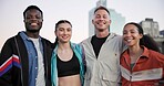Portrait, friends and smile in city with fitness pride, streetwear fashion and diversity for wellness. Happy, active people and outdoor in urban town with exercise break, social or workout community.