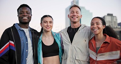 Buy stock photo Portrait, friends and smile in city with fitness pride, streetwear fashion and diversity for wellness. Happy, active people and outdoor in urban town with exercise break, social or workout community.