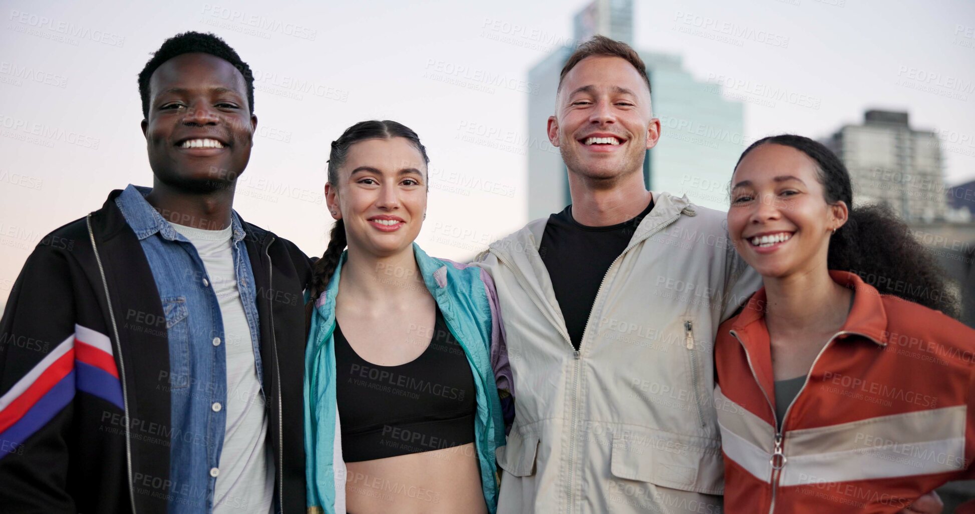 Buy stock photo Portrait, friends and smile in city with fitness pride, streetwear fashion and diversity for wellness. Happy, active people and outdoor in urban town with exercise break, social or workout community.