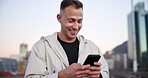 Man, phone and fitness in city with smile for break, texting and check notification on application. Person, happy and smartphone for rest in urban town for exercise, outdoor or scroll on bridge
