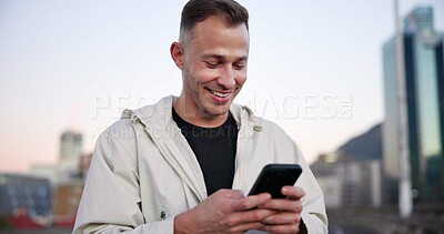 Buy stock photo Man, phone and fitness in city with smile for break, texting and check notification on application. Person, happy and smartphone for rest in urban town for exercise, outdoor or scroll on bridge