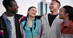 Friends, support and laugh in city with fitness pride, streetwear fashion and diversity for wellness. Happy, active people and outdoor in urban town with exercise break, social and workout community.