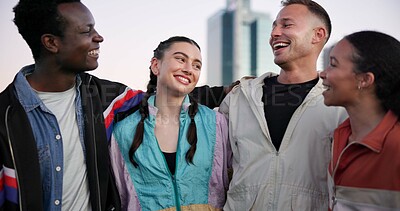 Buy stock photo Friends, support and laugh in city with fitness pride, streetwear fashion and diversity for wellness. Happy, active people and outdoor in urban town with exercise break, social and workout community.