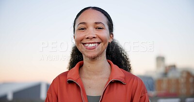 Buy stock photo Happy woman, portrait and city with fitness, sky or outdoor workout for health or wellness. Active, female person or face with smile, pride or confidence for exercise or training in an urban town