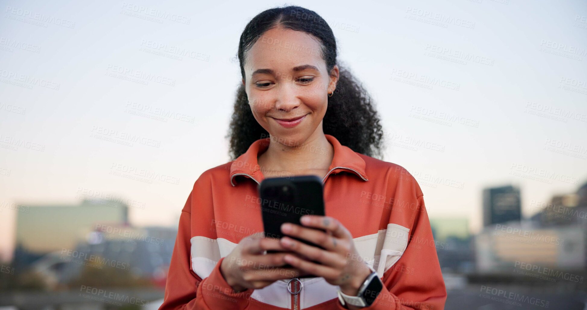Buy stock photo Happy woman, fitness and phone with texting in city on break, notification and space for chat. Gen z girl, runner and smartphone with mobile app, smile or rest with scroll for exercise in urban town