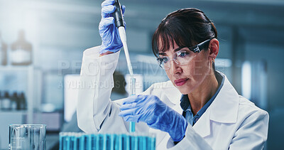 Buy stock photo Scientist, glasses and woman with pipette, lab and drug development for metabolic disease and study. Innovation, medical professional and mature person with sample, pharmaceutical and diabetes cure