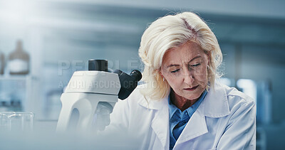 Buy stock photo Microscope, mature woman and scientist in laboratory for pharmaceutical research, study or experiment. Biotechnology, professional and biologist with clinical development for science innovation.