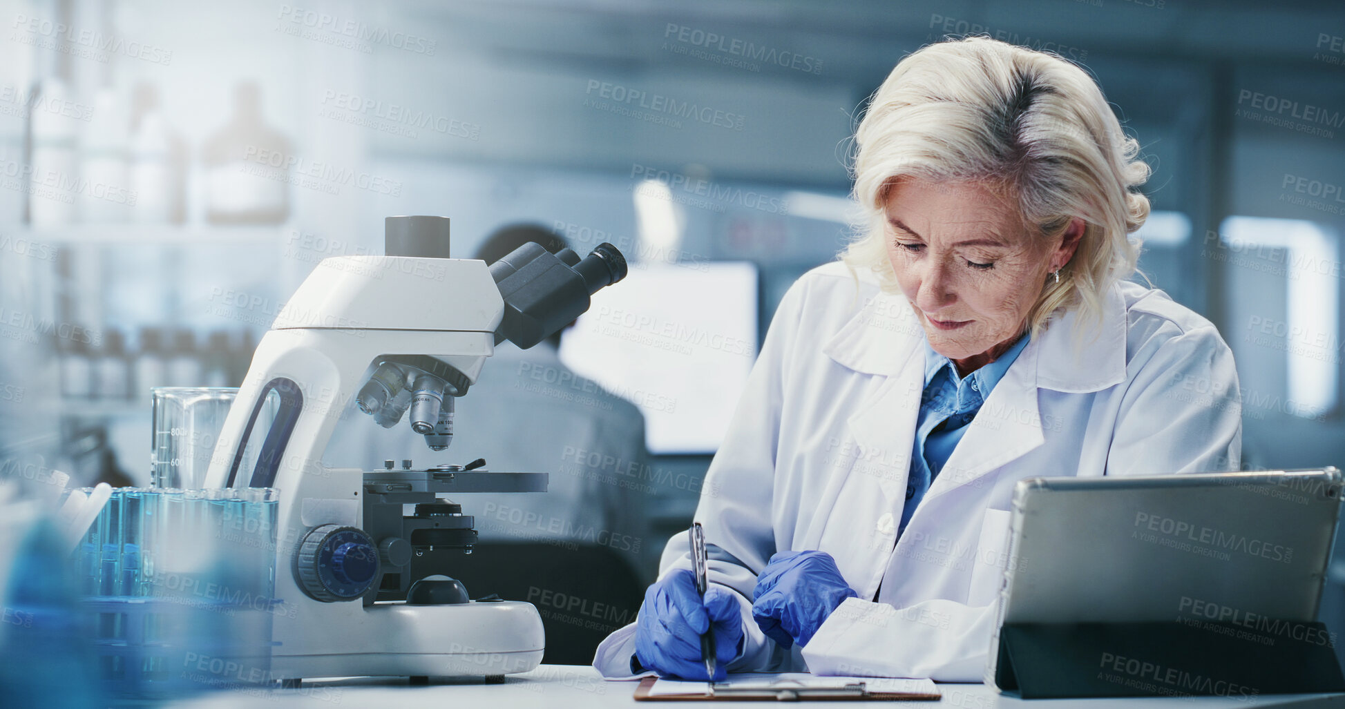 Buy stock photo Woman, scientist and writing with clipboard at lab for notes, medical research and insight for virus cure. Mature person, admin and checklist for progress report, feedback or pharma study for vaccine