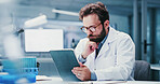 Science, reading or man with tablet in lab, online research paper or pathology trial study for info. Experiment results, review or scientist with vaccine development news, medical journal or article
