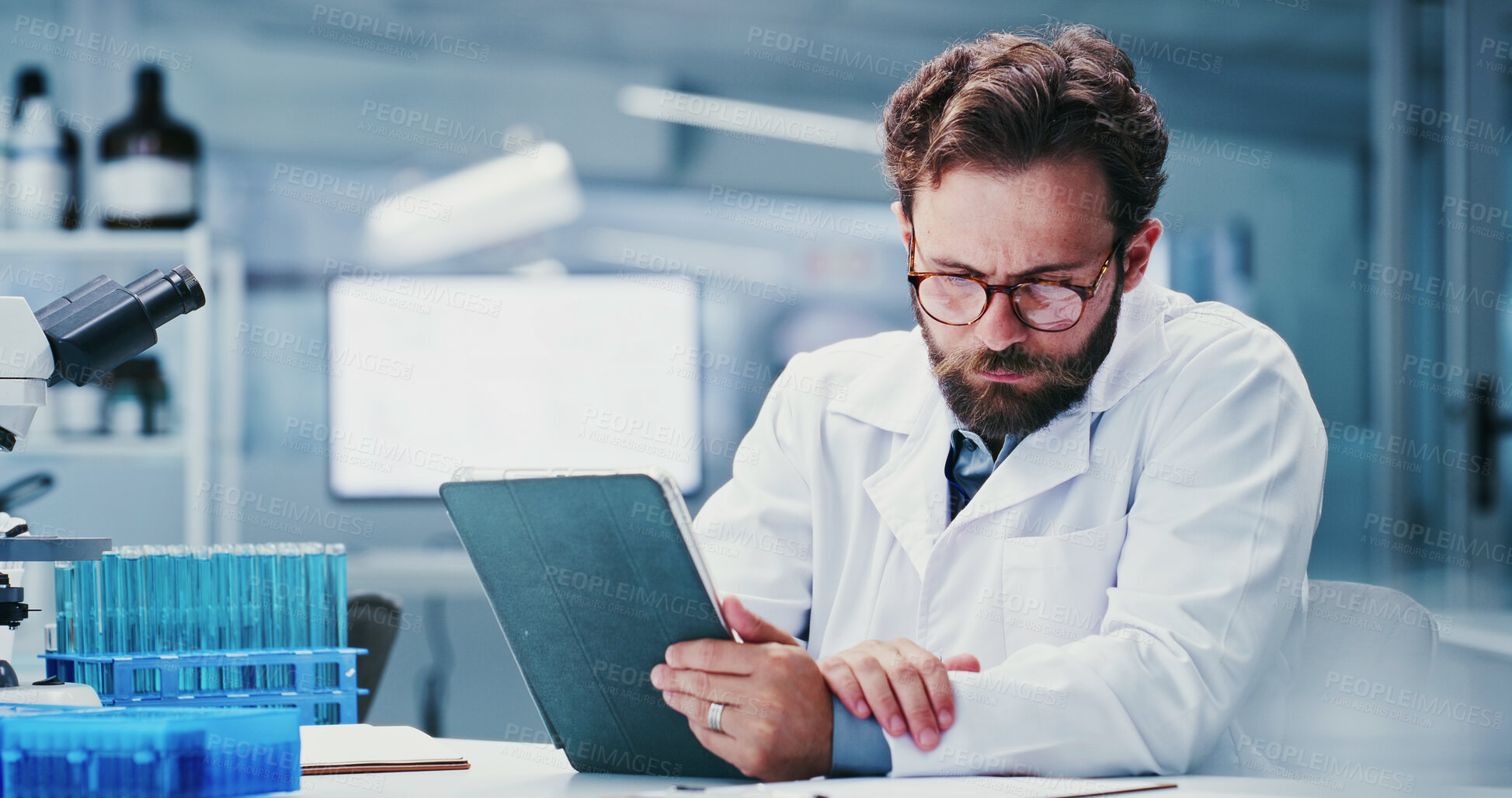 Buy stock photo Man, scientist and tablet with documents at lab for notes, medical research and glasses for virus cure. Person, tech and clipboard with app for progress report, review or pharma study for vaccine