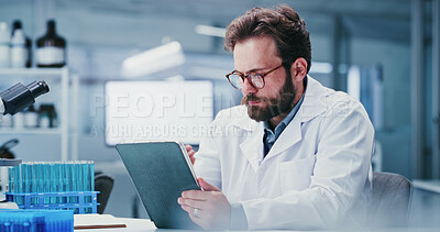 Buy stock photo Science, glasses or man in lab with tablet, study recording or digital research for experiment. Medical, specs or scientist with tech, investigation report or information processing in clinical trial