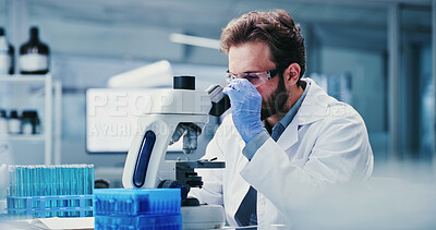 Buy stock photo Science, goggles or man in laboratory with microscope, test or examination in biochemistry. Clinical research, glasses or scientist with equipment, medical analysis or inspection in rna development.