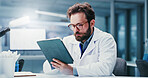 Science, specs or man in lab with tablet, study recording or digital research for experiment. Medical, glasses or scientist with technology, online report or information processing in clinical trial.
