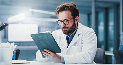 Buy stock photo Science, specs or man in lab with tablet, study recording or digital research for experiment. Medical, glasses or scientist with technology, online report or information processing in clinical trial.