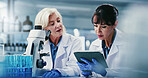 Tablet, research and women in lab, science and discussion for experiment results. Scientist, collaboration or people in meeting, teamwork and biotech for pharmaceuticals or feedback for investigation