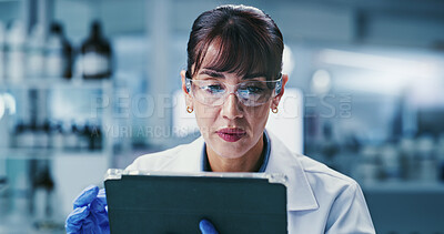Buy stock photo Science, reading or woman with tablet in lab, online research paper or pathology trial study for info. Experiment results, ppe or mature scientist with cure development news, medical journal or tech
