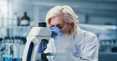 Buy stock photo Science, mature or woman in lab with microscope, test or examination in biochemistry. Clinical research, investigation or scientist with equipment, medical analysis or inspection in rna development.