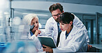 Science, tablet and talking with people in laboratory together for development or research. App, feedback and teamwork with scientist group at work on clinical trial, medical industry or study