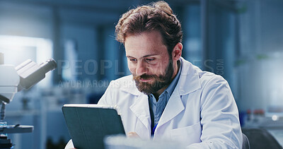 Buy stock photo Analysis, science and tablet with man in laboratory for medical development or research. App, information and reading with scientist at work on clinical trial, experiment results or study review
