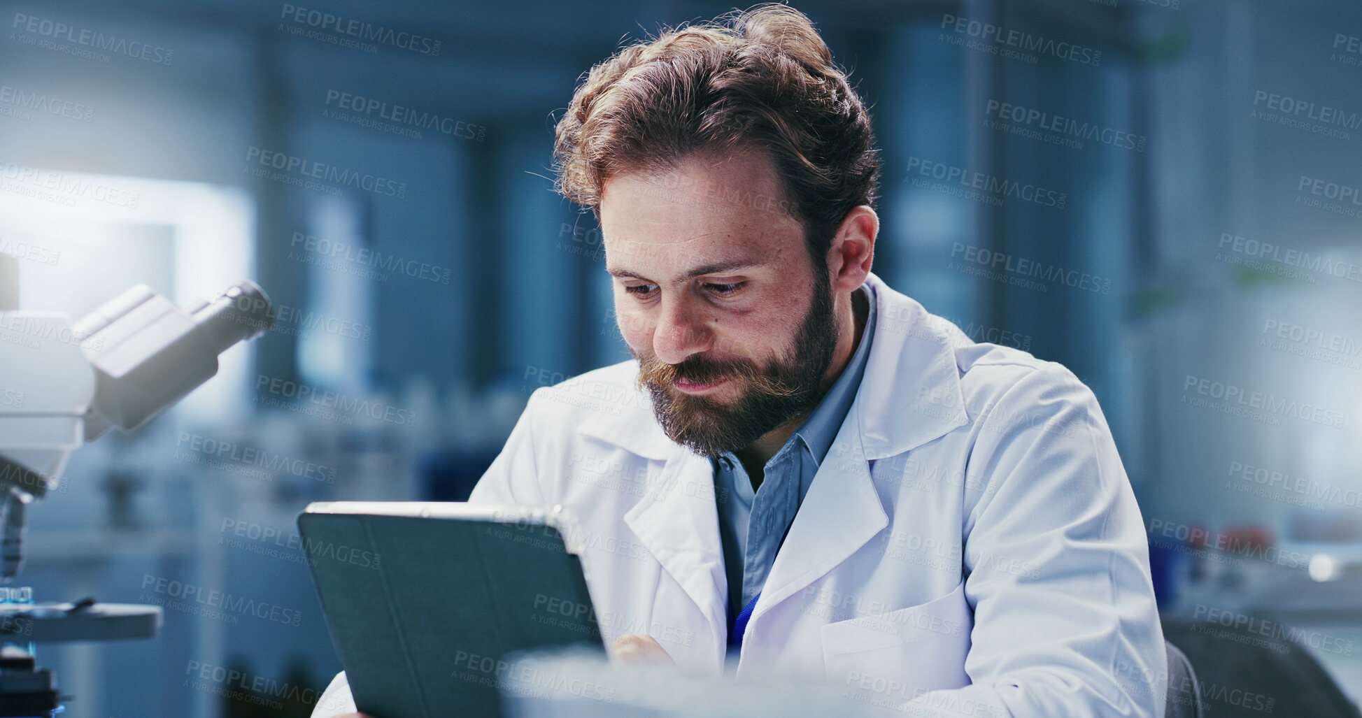 Buy stock photo Analysis, science and tablet with man in laboratory for medical development or research. App, information and reading with scientist at work on clinical trial, experiment results or study review