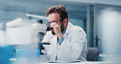 Buy stock photo Man, scientist or microscope with glasses in laboratory for medical research, investigation or exam. Male person, biotechnology or experiment with test for forensic study, clinic trial or results