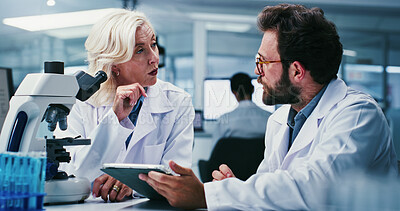 Buy stock photo Tablet, talking and people in lab, science and discussion for experiment results, app and advice. Medical research, man and woman in meeting, teamwork and biotech for investigation review or feedback