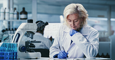 Buy stock photo Woman, writing and notes with clipboard at lab for science, medical research and insight for virus cure. Mature person, admin and checklist for progress report, feedback or pharma study for vaccine