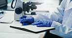Hands, scientist and writing with book at lab for notes, medical research or ppe gloves for virus cure. Person, admin and checklist for progress report, review or pharma study for vaccine development