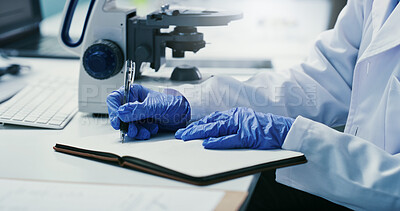 Buy stock photo Hands, scientist and writing with book at lab for notes, medical research or ppe gloves for virus cure. Person, admin and checklist for progress report, review or pharma study for vaccine development