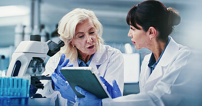 Buy stock photo Tablet, research and women in lab, conversation for experiment results and coaching. Science, mentor and people in meeting, internet and email for medical report and collaboration for biotech project
