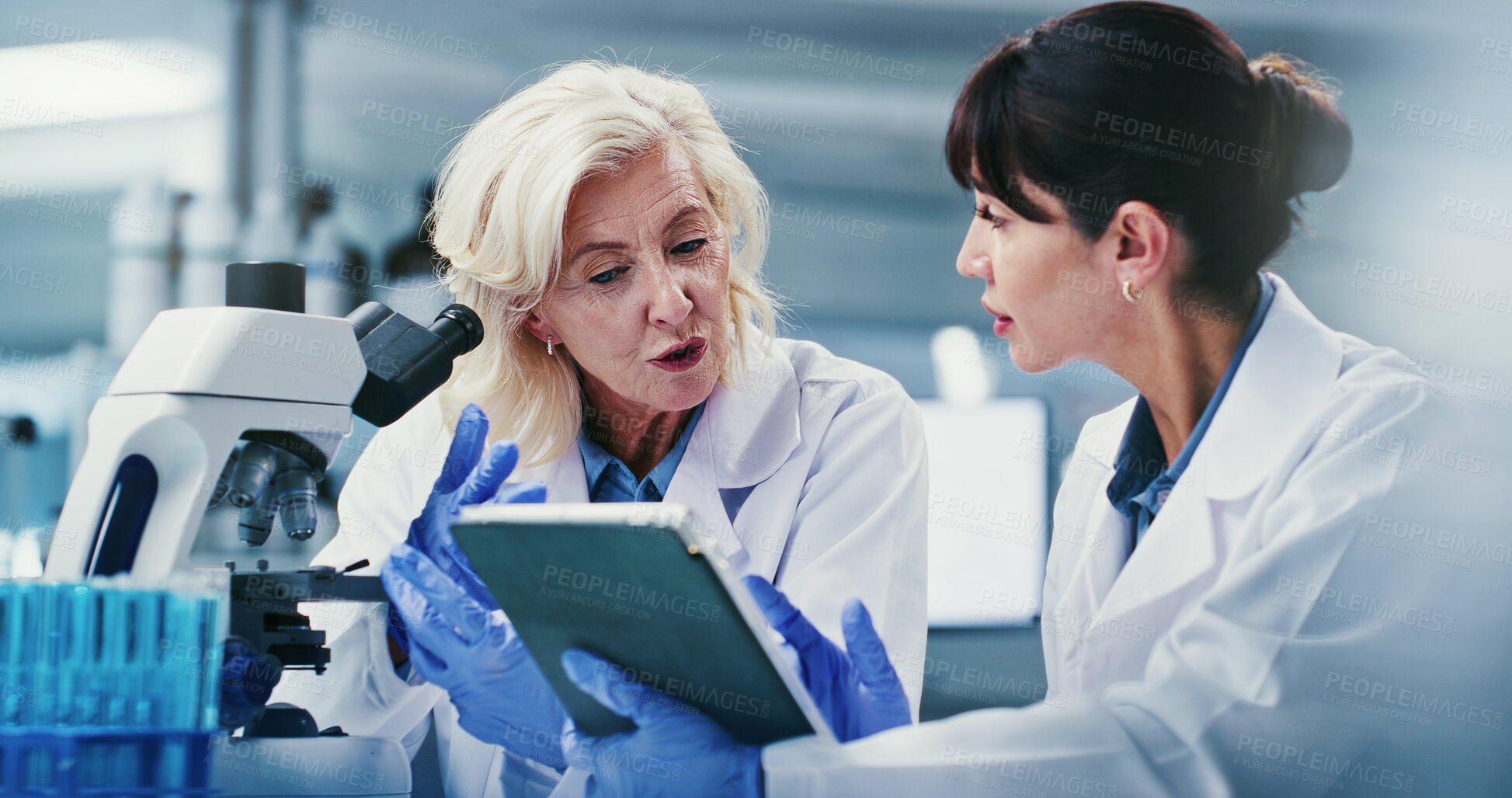 Buy stock photo Tablet, research and women in lab, conversation for experiment results and coaching. Science, mentor and people in meeting, internet and email for medical report and collaboration for biotech project