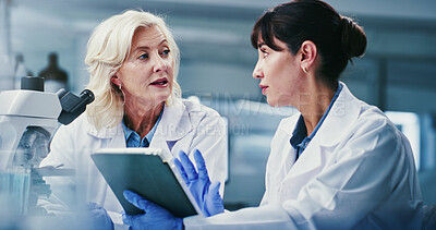Buy stock photo Tablet, research and women in lab, discussion for experiment results and coaching. Science, mentor and people in meeting, app and email for medical report and collaboration for biotech proposal