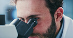 Man, scientist or research with microscope in laboratory for medical examination or nvestigation. Male person, biotechnology or experiment with test results for forensic study, clinic trial or review