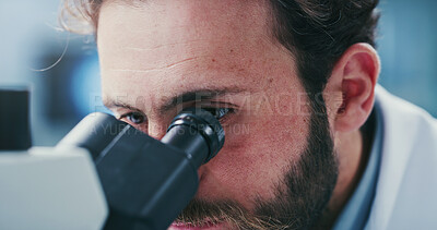 Buy stock photo Man, scientist or research with microscope in laboratory for medical examination or nvestigation. Male person, biotechnology or experiment with test results for forensic study, clinic trial or review
