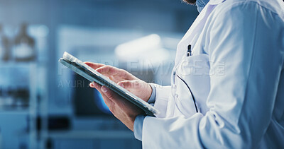 Buy stock photo Scientist, man and hands in lab with tablet, planning experiment and report for medical research. Science, person and browse in clinic with tech, online investigation or website for healthcare study.