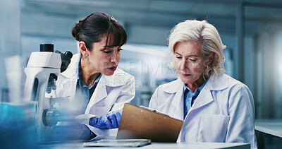 Buy stock photo Woman, scientist and team with clipboard at lab for discussion, medical research or insight for virus cure. People, admin and checklist for progress report, feedback and pharma study for vaccine