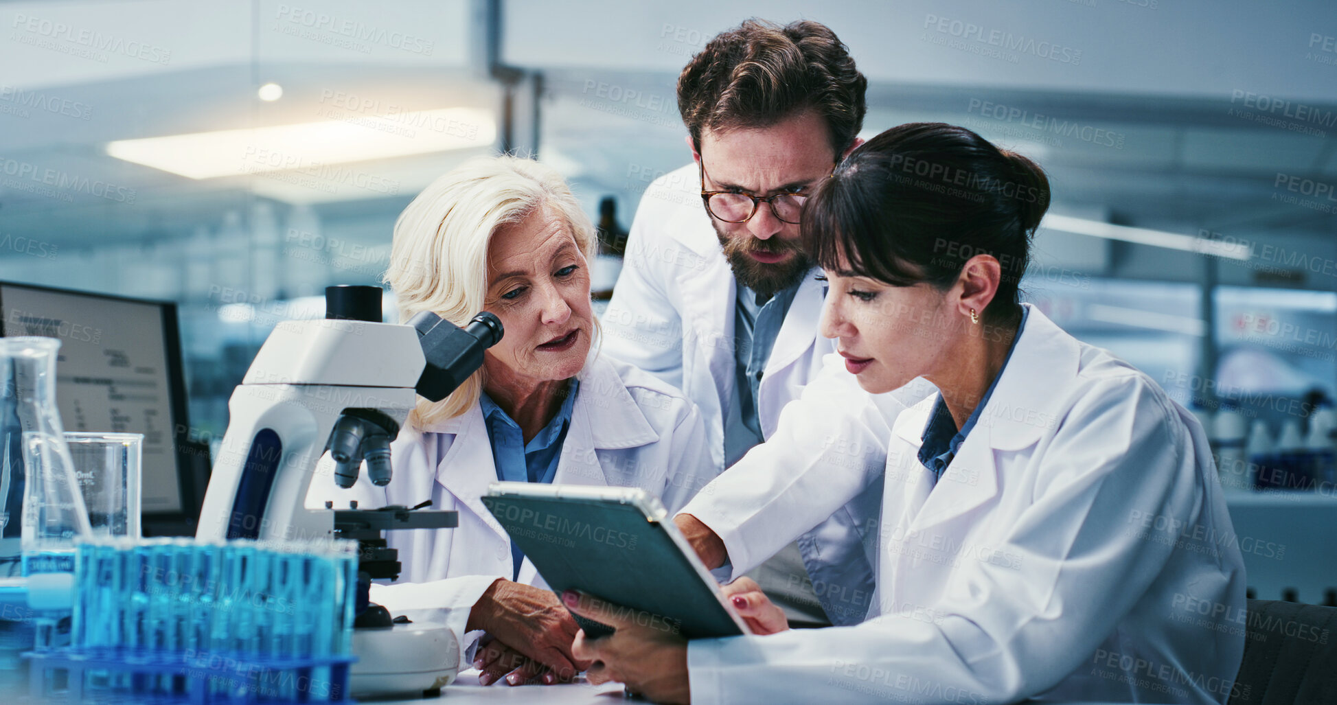 Buy stock photo People, scientist and team with tablet at lab for discussion, medical research and review for virus cure. Group, tech and checklist for progress report on app, feedback and pharma study for vaccine
