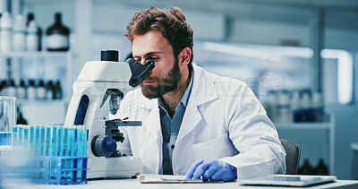 Buy stock photo Man, scientist or exam with microscope in laboratory for medical research or investigation. Male person, biotechnology or experiment with vials or test for forensic study, clinic trial or review