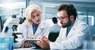 Buy stock photo Tablet, research and people in meeting, science and discussion for experiment results. Scientist, man and woman in forensics lab, teamwork and biotech for pharmaceutical drug proposal or medical test