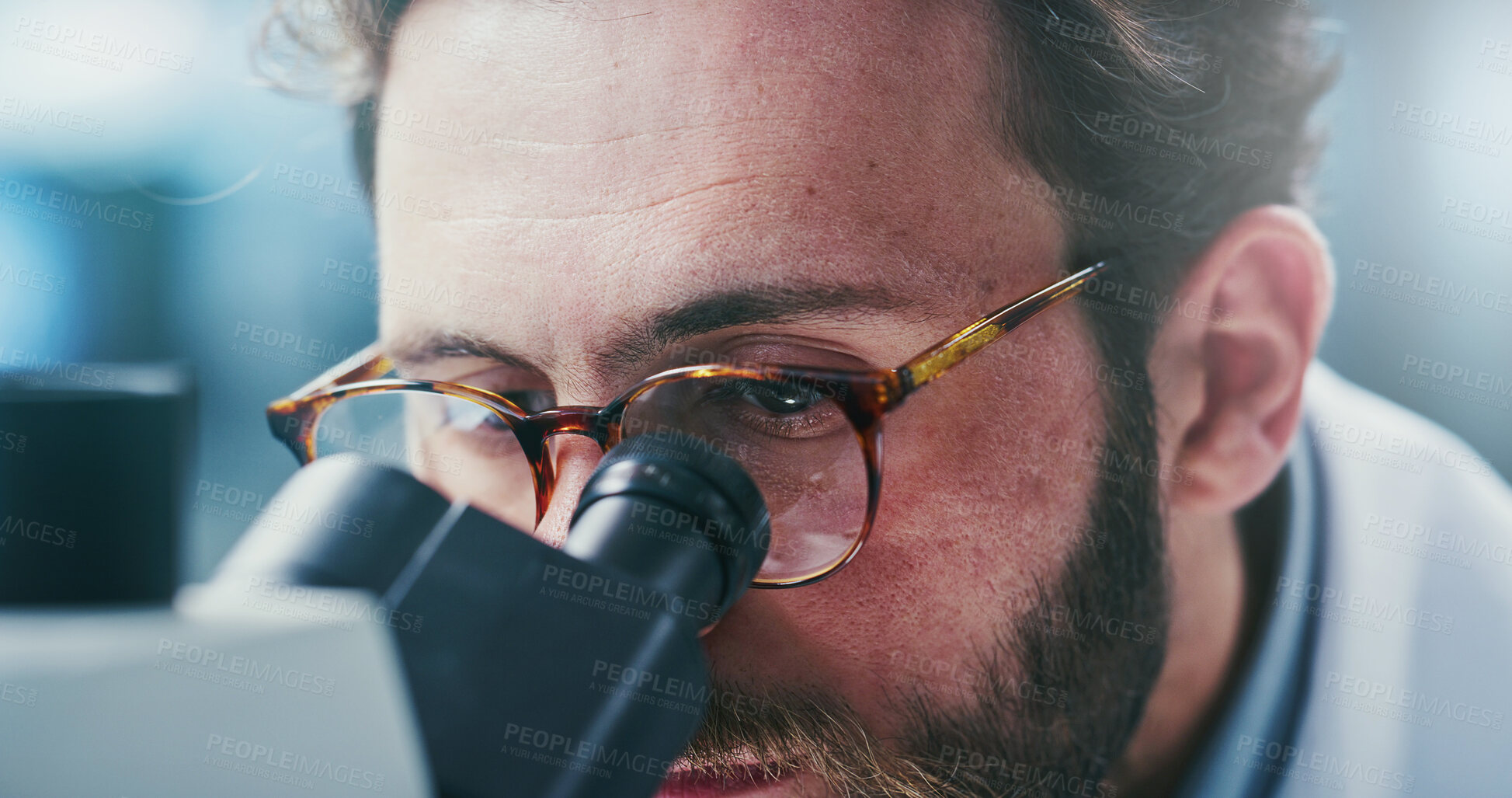 Buy stock photo Man, scientist or investigation with microscope in laboratory for medical research or exam. Male person, biotechnology or experiment with test or inspection for forensic study, clinic trial or review