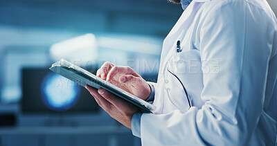 Buy stock photo Science, man and hands in laboratory with tablet, website and online test results for medical research. Scientist, person and browse internet with tech, investigation and report for healthcare study.